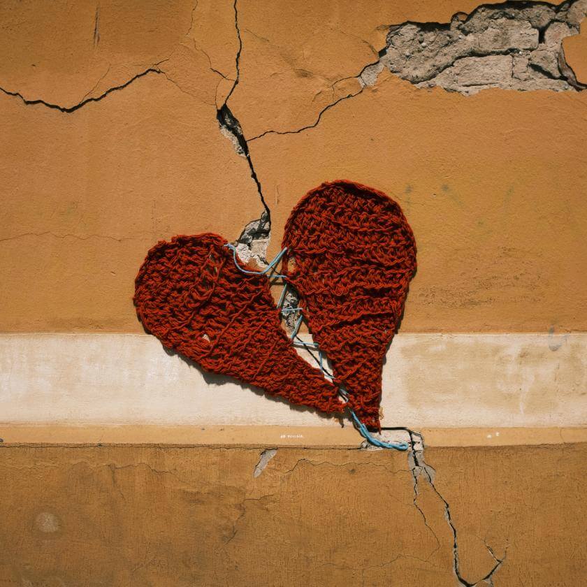 Coeur tricoté contre un mur craqué 